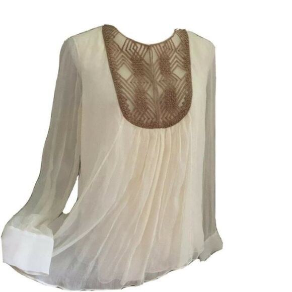 Adam Lippes Embellished Pleat Front blouse ivory Sz M cuff sleeve sheer silk - Picture 1 of 12